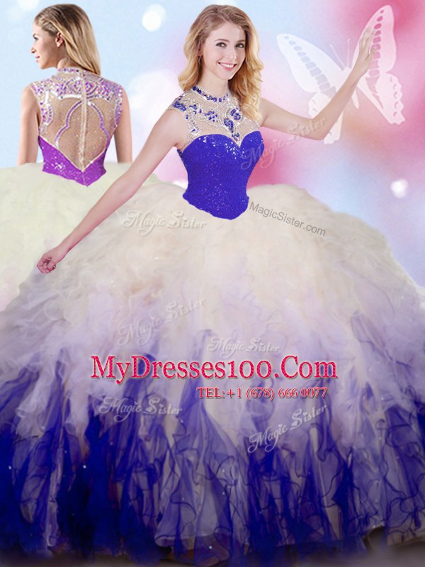 Smart Beading and Ruffles Quince Ball Gowns White And Purple Zipper Sleeveless Floor Length