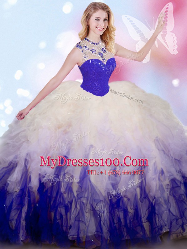 Smart Beading and Ruffles Quince Ball Gowns White And Purple Zipper Sleeveless Floor Length