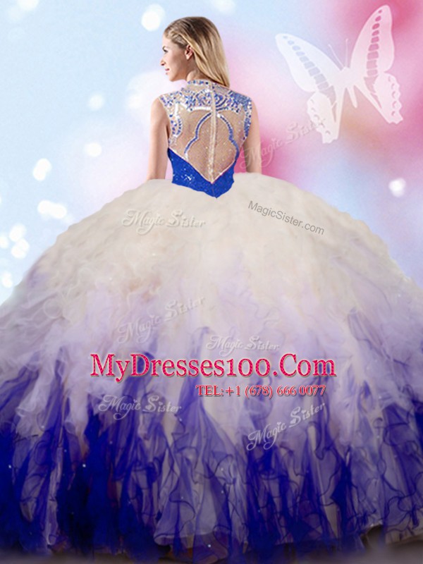 Smart Beading and Ruffles Quince Ball Gowns White And Purple Zipper Sleeveless Floor Length
