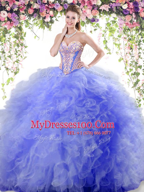 Most Popular Blue Sleeveless Floor Length Beading and Ruffles Lace Up Quince Ball Gowns