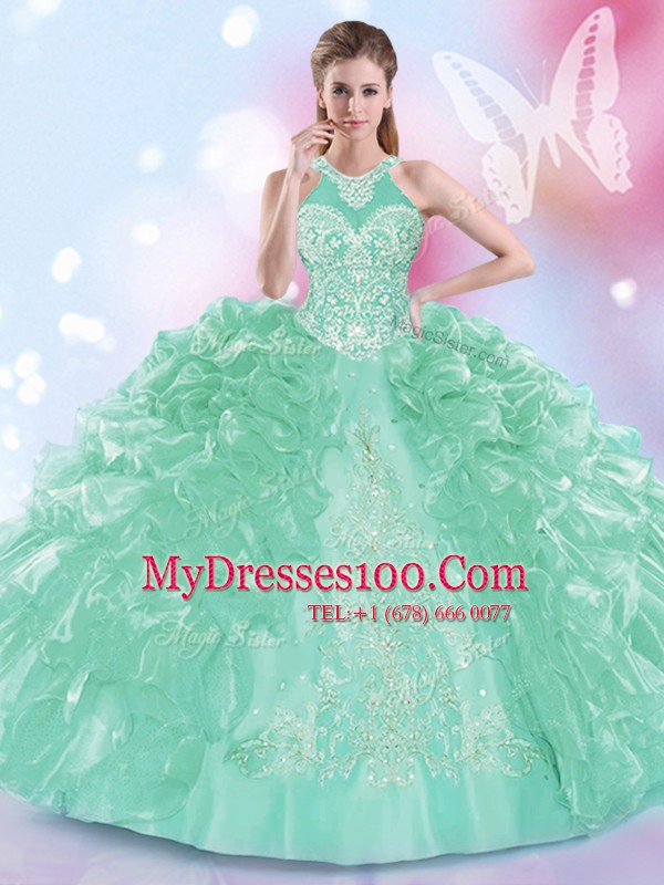 Fantastic Halter Top Organza Sleeveless Floor Length Sweet 16 Dresses and Appliques and Ruffles
