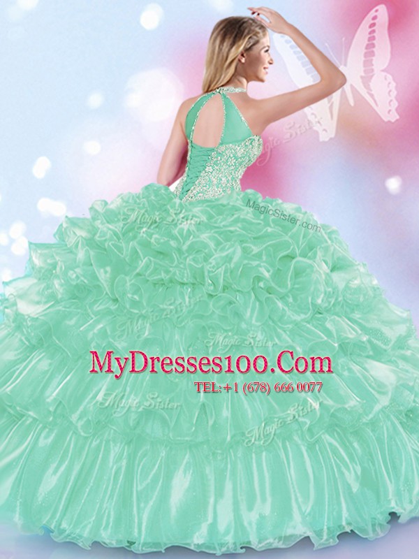 Fantastic Halter Top Organza Sleeveless Floor Length Sweet 16 Dresses and Appliques and Ruffles