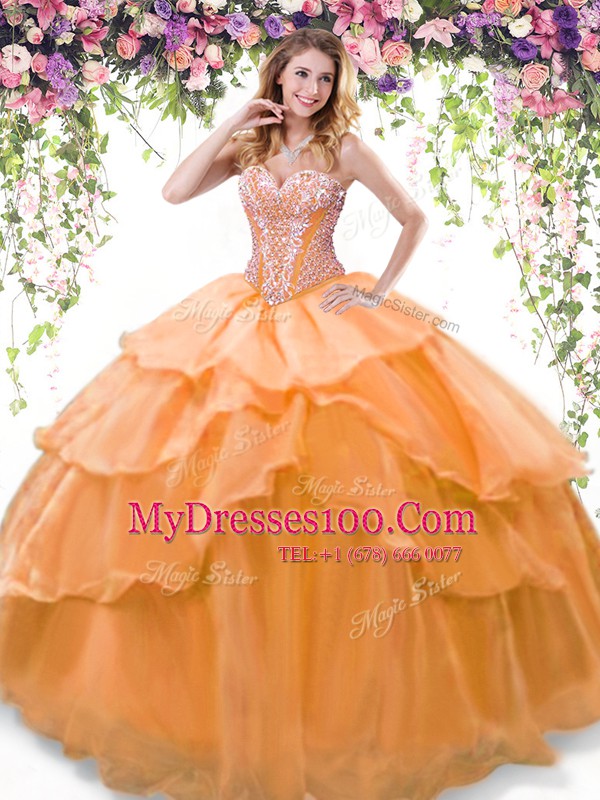 Trendy Ruffled Sweetheart Sleeveless Lace Up Quinceanera Gowns Orange Organza