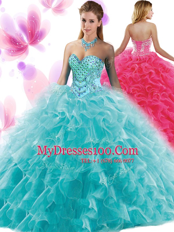 Luxury Teal Ball Gowns Sweetheart Sleeveless Organza Floor Length Lace Up Beading and Ruffles Quinceanera Gowns