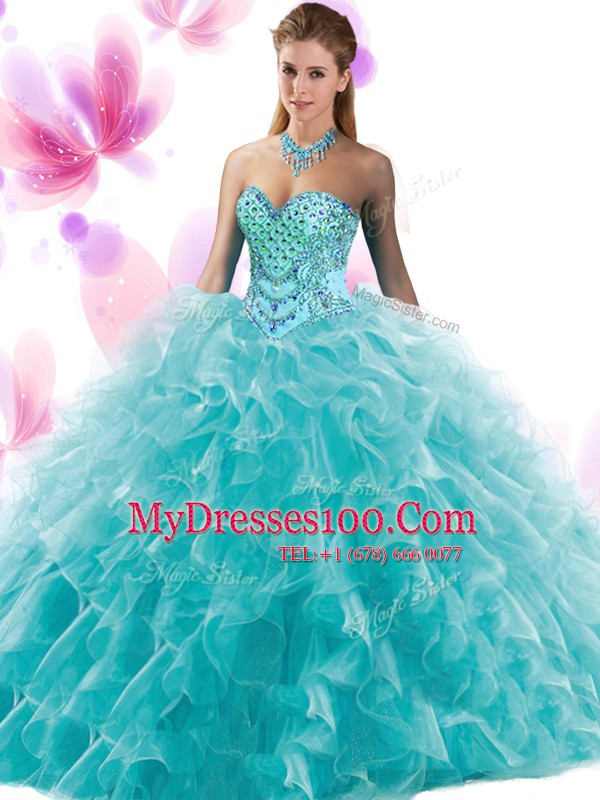 Luxury Teal Ball Gowns Sweetheart Sleeveless Organza Floor Length Lace Up Beading and Ruffles Quinceanera Gowns