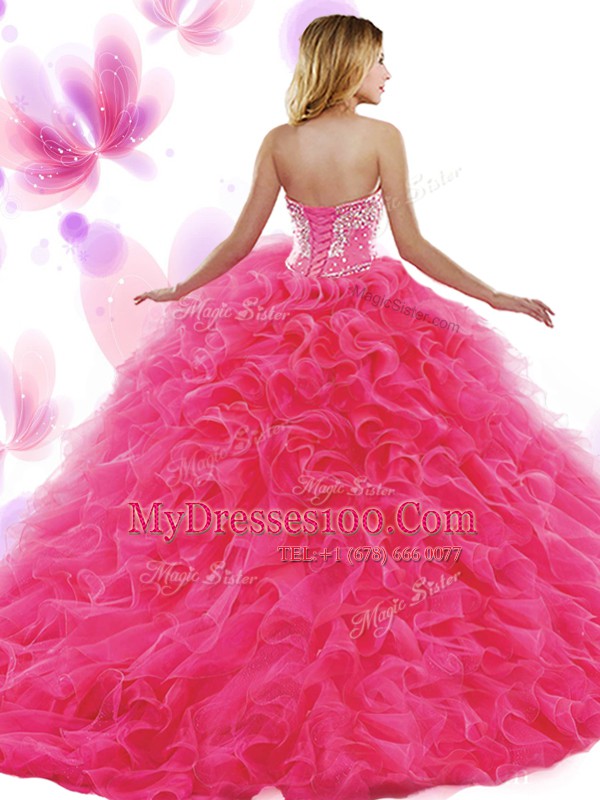 Luxury Teal Ball Gowns Sweetheart Sleeveless Organza Floor Length Lace Up Beading and Ruffles Quinceanera Gowns