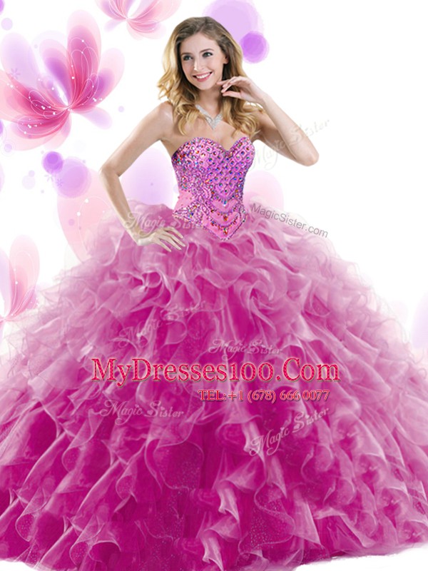 Luxury Teal Ball Gowns Sweetheart Sleeveless Organza Floor Length Lace Up Beading and Ruffles Quinceanera Gowns