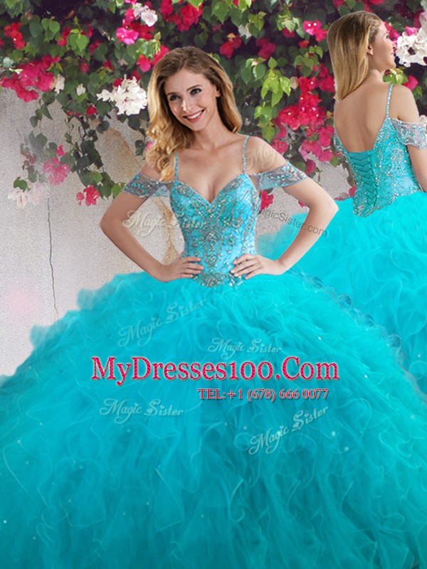 Off the Shoulder Sleeveless Beading and Ruffles Lace Up Quinceanera Gown