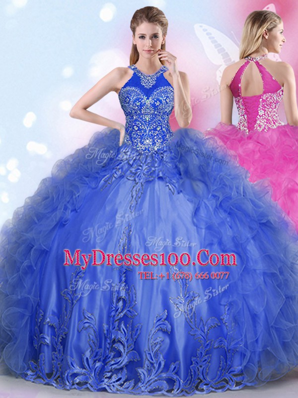 Super Royal Blue Ball Gowns Halter Top Sleeveless Tulle Floor Length Lace Up Appliques and Ruffles Sweet 16 Dress