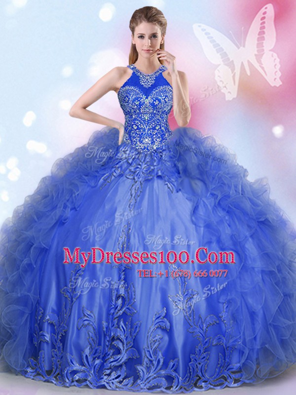 Super Royal Blue Ball Gowns Halter Top Sleeveless Tulle Floor Length Lace Up Appliques and Ruffles Sweet 16 Dress