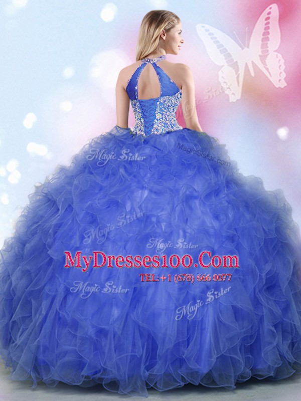 Super Royal Blue Ball Gowns Halter Top Sleeveless Tulle Floor Length Lace Up Appliques and Ruffles Sweet 16 Dress