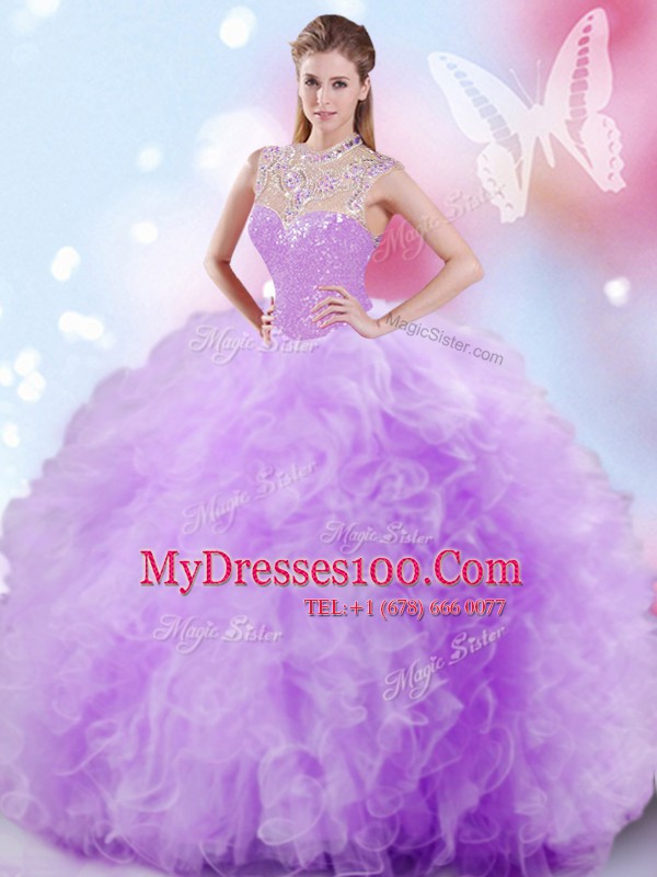 Traditional Sequins High-neck Sleeveless Zipper 15 Quinceanera Dress Lavender Tulle