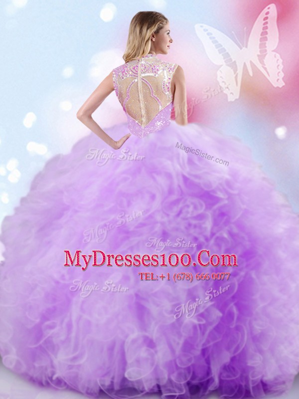 Traditional Sequins High-neck Sleeveless Zipper 15 Quinceanera Dress Lavender Tulle