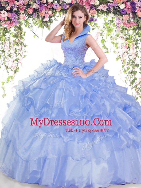 Nice Blue Ball Gowns Beading and Ruffled Layers Quinceanera Dresses Backless Organza Sleeveless Floor Length