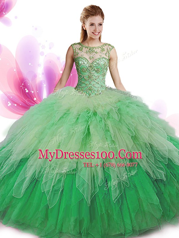 Cute Scoop Multi-color Zipper 15th Birthday Dress Beading and Ruffles Sleeveless Floor Length