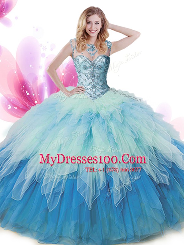 Cute Scoop Multi-color Zipper 15th Birthday Dress Beading and Ruffles Sleeveless Floor Length