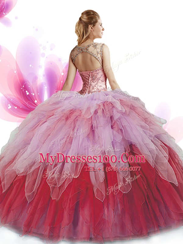 Cute Scoop Multi-color Zipper 15th Birthday Dress Beading and Ruffles Sleeveless Floor Length