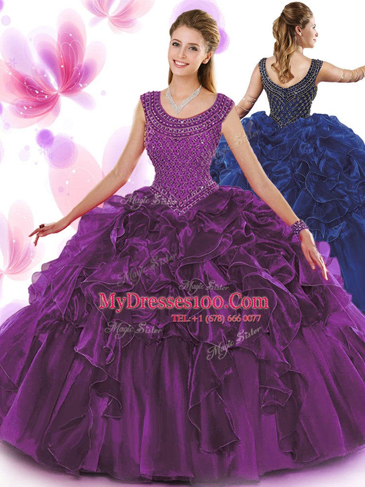 Dynamic Scoop Sleeveless Organza Quince Ball Gowns Beading and Ruffles Zipper
