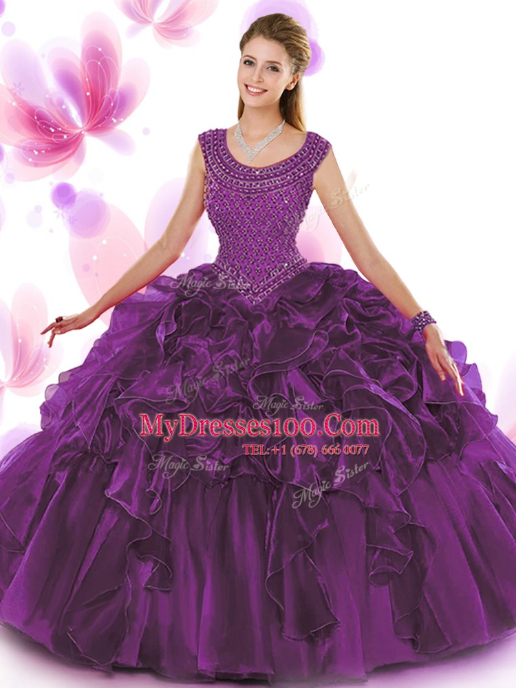 Dynamic Scoop Sleeveless Organza Quince Ball Gowns Beading and Ruffles Zipper