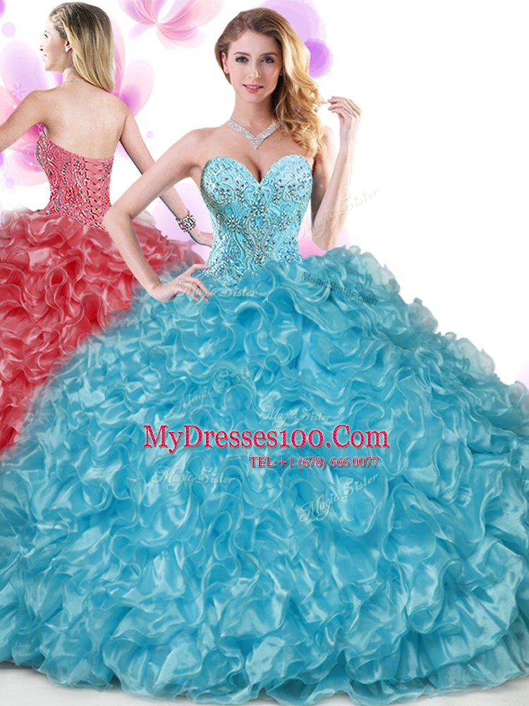 Sweetheart Sleeveless Lace Up Quince Ball Gowns Blue Organza