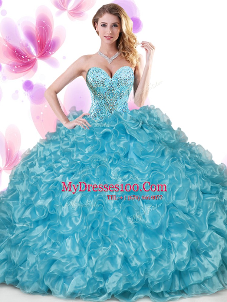 Sweetheart Sleeveless Lace Up Quince Ball Gowns Blue Organza