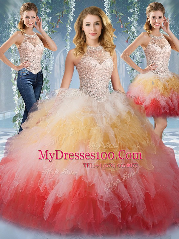 Sexy Halter Top Multi-color Sleeveless Beading and Ruffles Floor Length 15th Birthday Dress