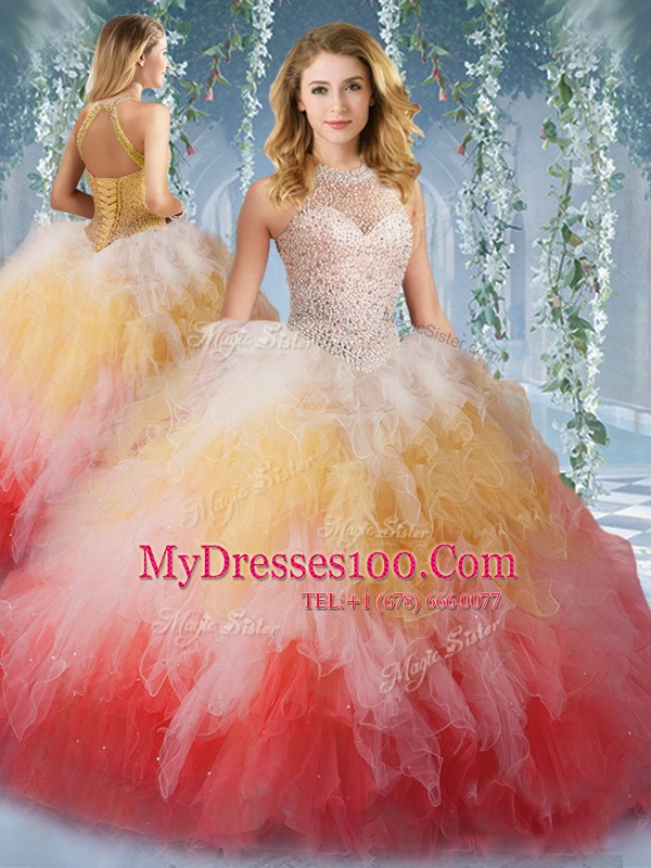 Sexy Halter Top Multi-color Sleeveless Beading and Ruffles Floor Length 15th Birthday Dress