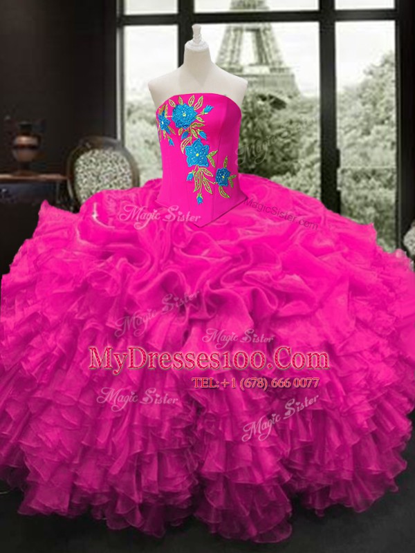 New Arrival Fuchsia Lace Up Sweet 16 Dress Embroidery and Ruffles Sleeveless Floor Length
