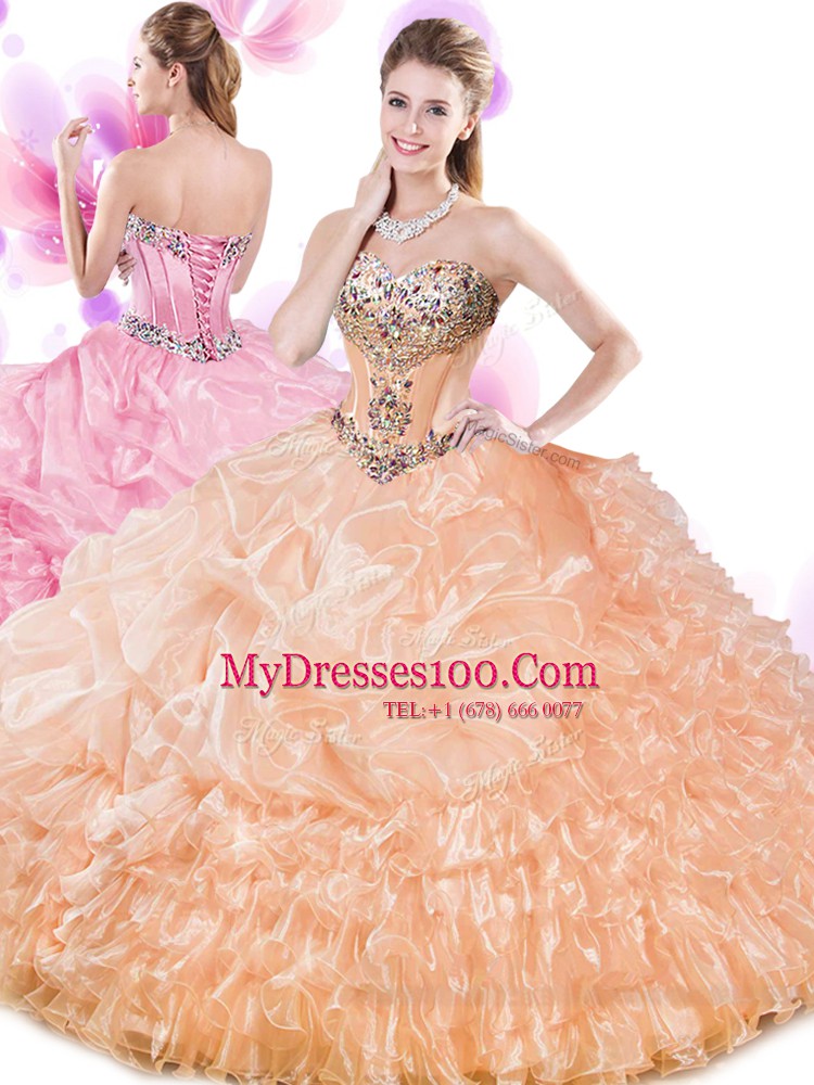 Orange Lace Up Quinceanera Dresses Beading and Ruffled Layers and Pick Ups Sleeveless Floor Length
