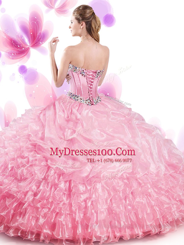 Orange Lace Up Quinceanera Dresses Beading and Ruffled Layers and Pick Ups Sleeveless Floor Length