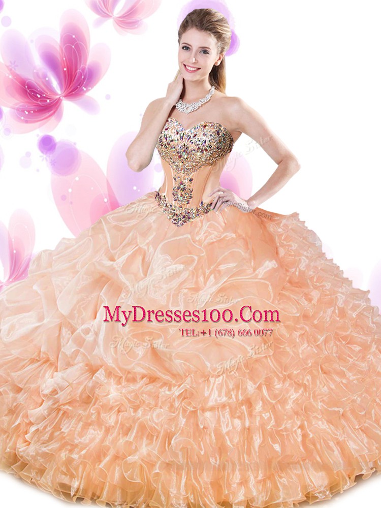 Orange Lace Up Quinceanera Dresses Beading and Ruffled Layers and Pick Ups Sleeveless Floor Length