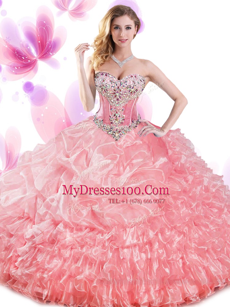 Orange Lace Up Quinceanera Dresses Beading and Ruffled Layers and Pick Ups Sleeveless Floor Length
