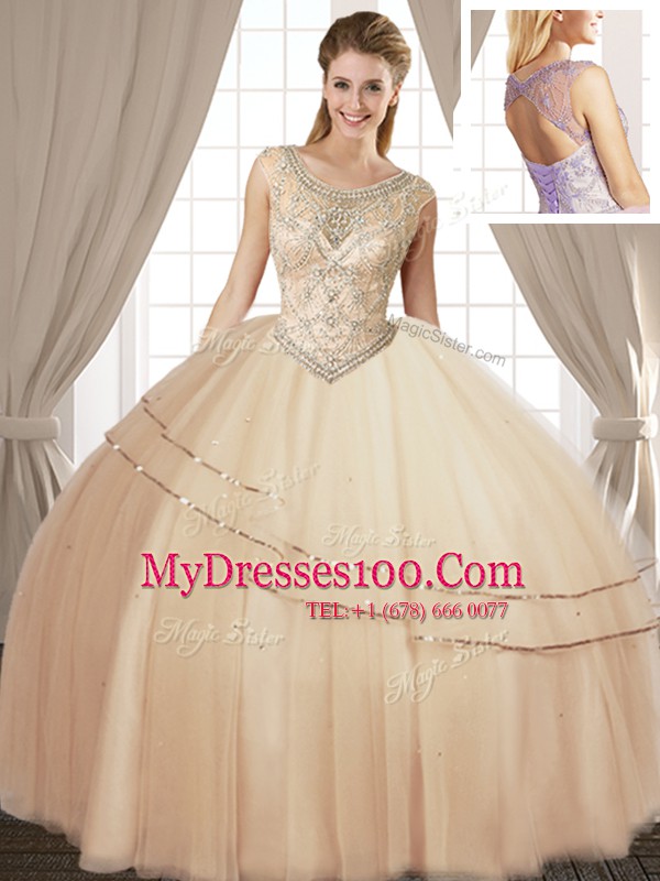 Exceptional Floor Length Champagne 15th Birthday Dress Scoop Sleeveless Lace Up