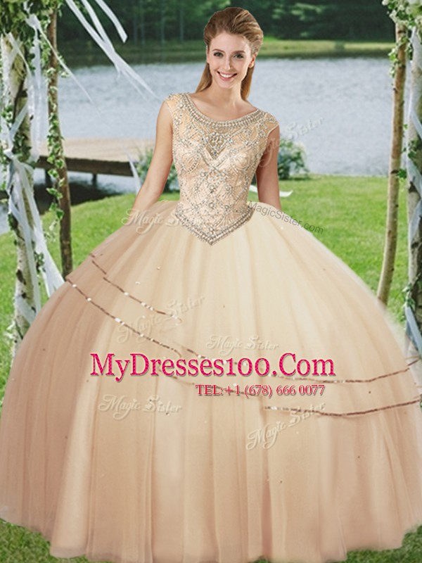 Exceptional Floor Length Champagne 15th Birthday Dress Scoop Sleeveless Lace Up