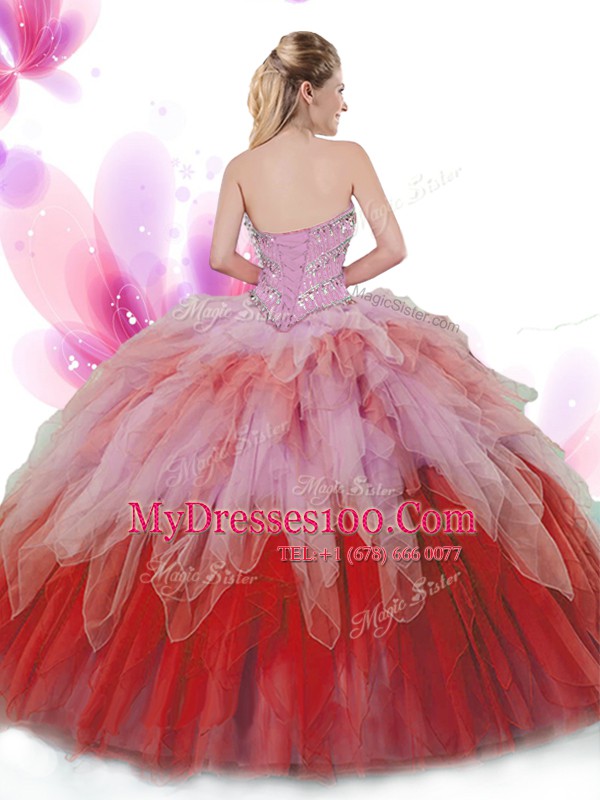 Vintage Multi-color Tulle Lace Up Ball Gown Prom Dress Sleeveless Floor Length Beading and Ruffles