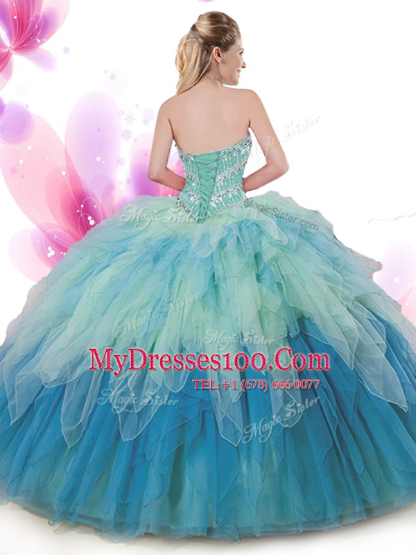 Vintage Multi-color Tulle Lace Up Ball Gown Prom Dress Sleeveless Floor Length Beading and Ruffles