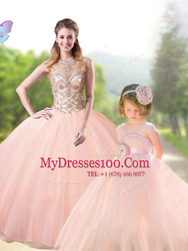 Scoop Sleeveless Quinceanera Dress Floor Length Beading Peach Tulle