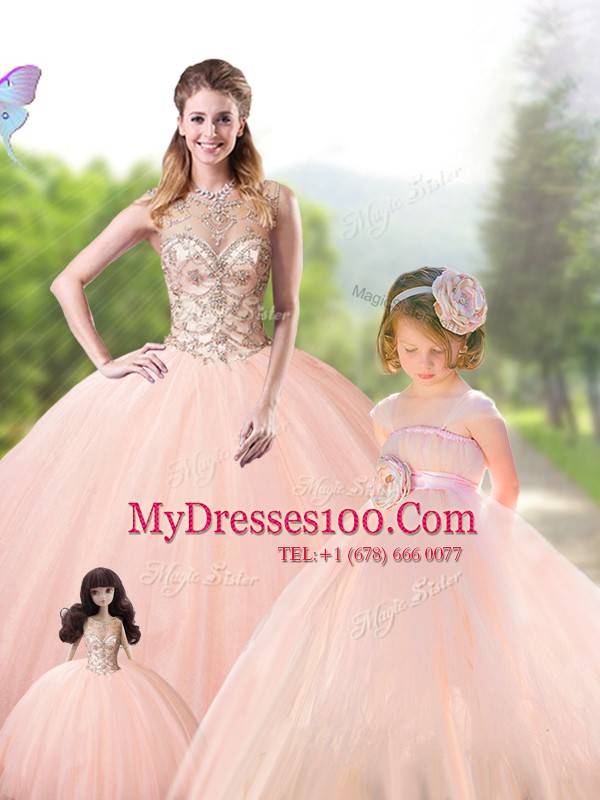 Scoop Sleeveless Quinceanera Dress Floor Length Beading Peach Tulle