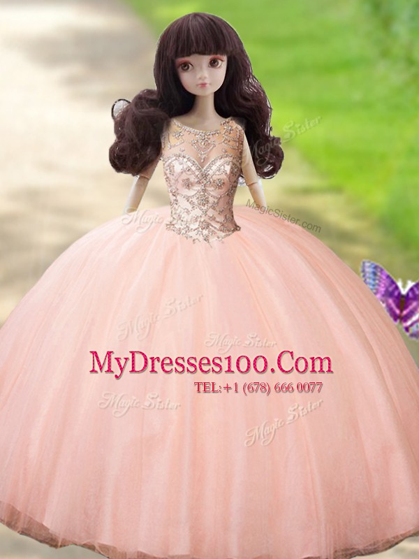 Scoop Sleeveless Quinceanera Dress Floor Length Beading Peach Tulle