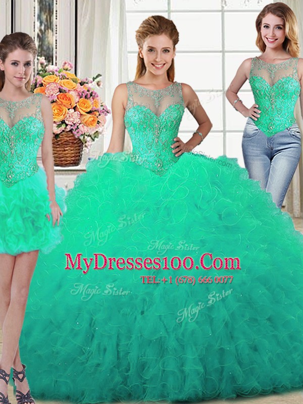 Three Piece Scoop Floor Length Ball Gowns Sleeveless Turquoise Ball Gown Prom Dress Lace Up
