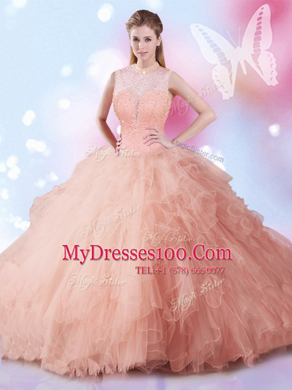 Unique Peach High-neck Neckline Beading and Ruffles Sweet 16 Quinceanera Dress Sleeveless Lace Up