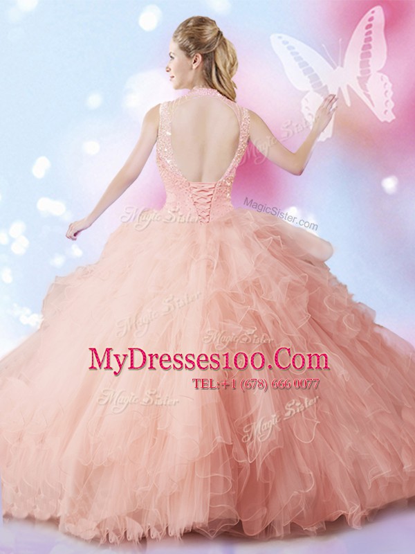 Unique Peach High-neck Neckline Beading and Ruffles Sweet 16 Quinceanera Dress Sleeveless Lace Up