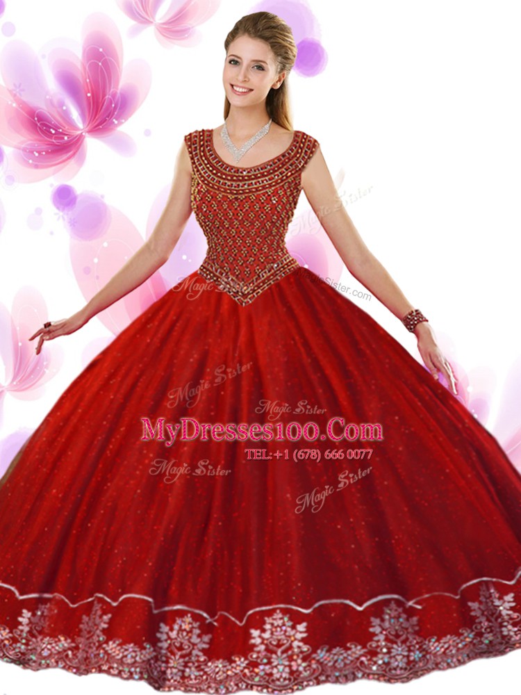Latest Tulle Scoop Sleeveless Zipper Beading and Appliques Sweet 16 Quinceanera Dress in Wine Red
