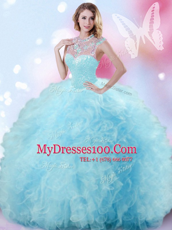 Hot Selling Light Blue Quinceanera Dress Military Ball and Sweet 16 and Quinceanera and For with Beading and Ruffles and Pick Ups High-neck Sleeveless Zipper