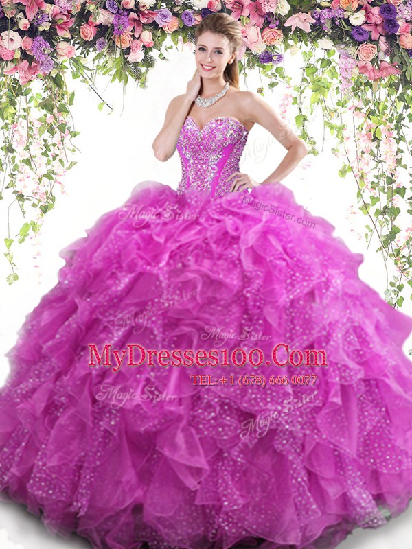 Organza Sleeveless Floor Length 15 Quinceanera Dress and Beading and Ruffles