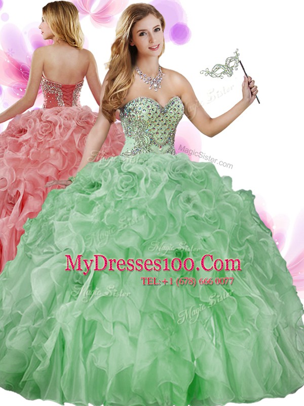 Hot Selling Sweetheart Sleeveless Quince Ball Gowns Floor Length Beading and Ruffles Green Organza