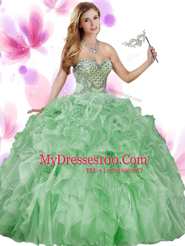 Hot Selling Sweetheart Sleeveless Quince Ball Gowns Floor Length Beading and Ruffles Green Organza
