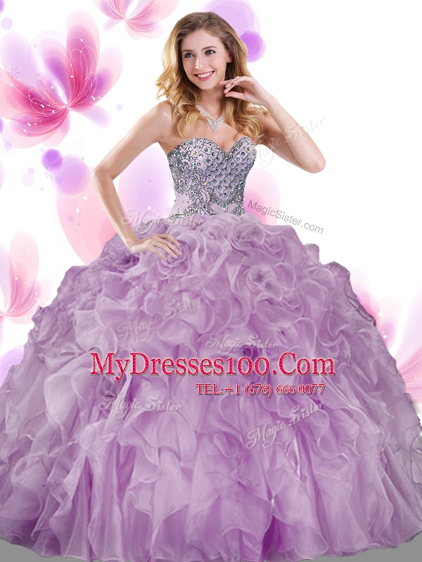 Hot Selling Sweetheart Sleeveless Quince Ball Gowns Floor Length Beading and Ruffles Green Organza