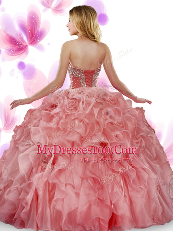 Hot Selling Sweetheart Sleeveless Quince Ball Gowns Floor Length Beading and Ruffles Green Organza