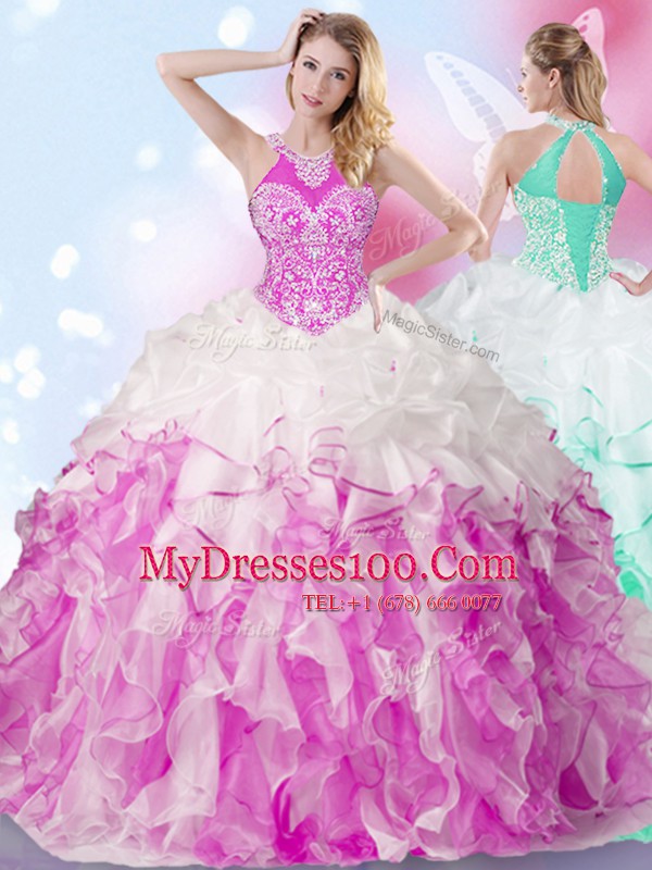 Lovely Multi-color Lace Up Halter Top Beading and Ruffles and Pick Ups Quinceanera Gowns Organza Sleeveless